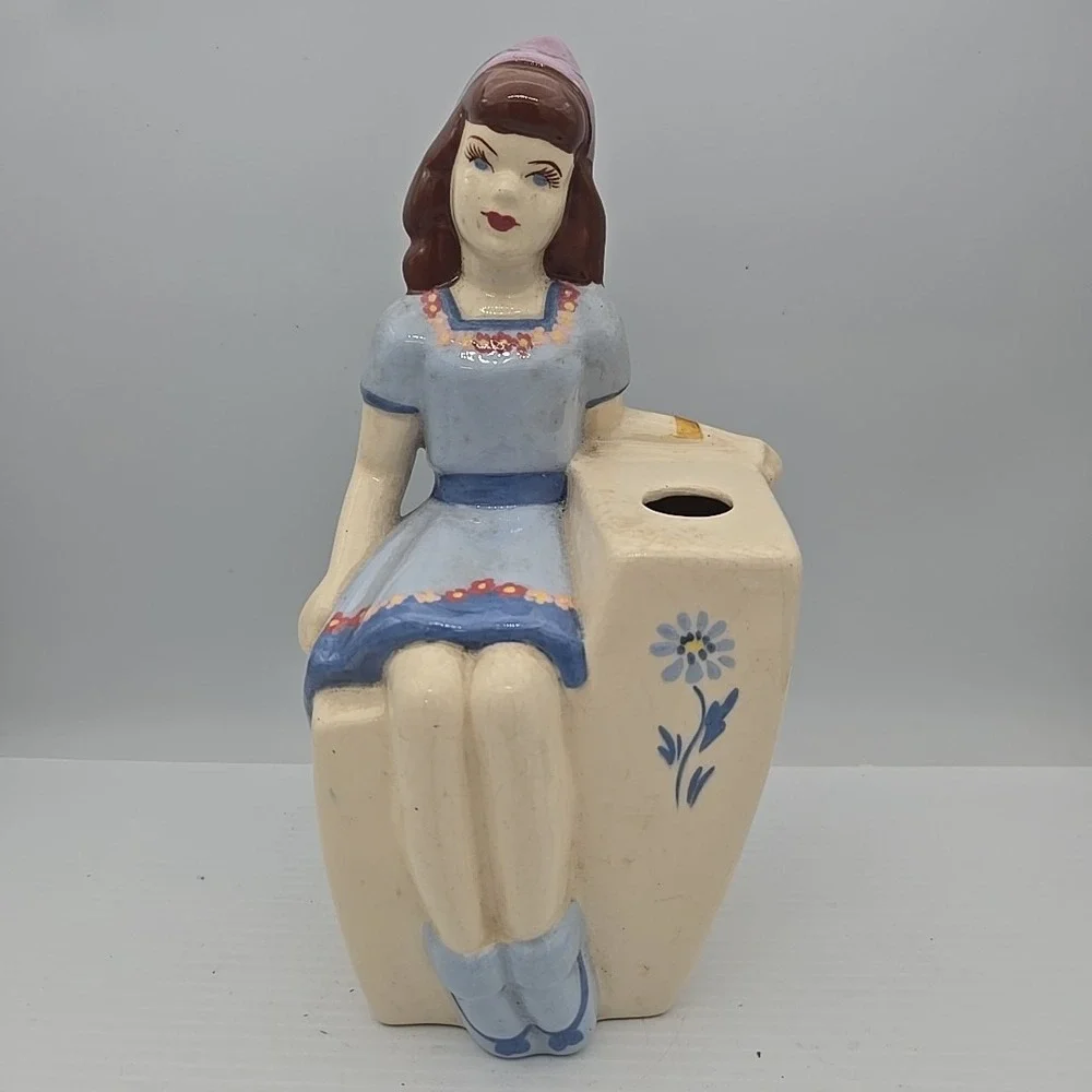 Lady Vase 1940s Weil Ware CA Pottery Woman In White‎ Dress Scarf Flowers Planter